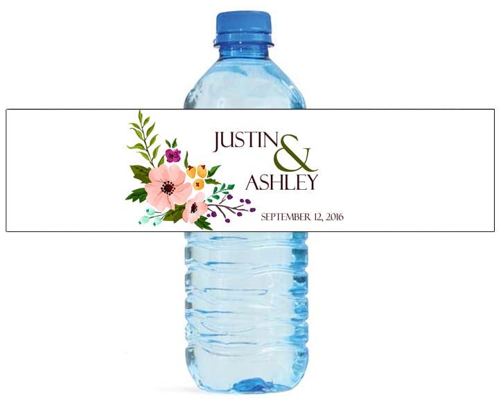 100 Floral Label Wedding Anniversary Engagement Party Water Bottle Labels 8"x2" 