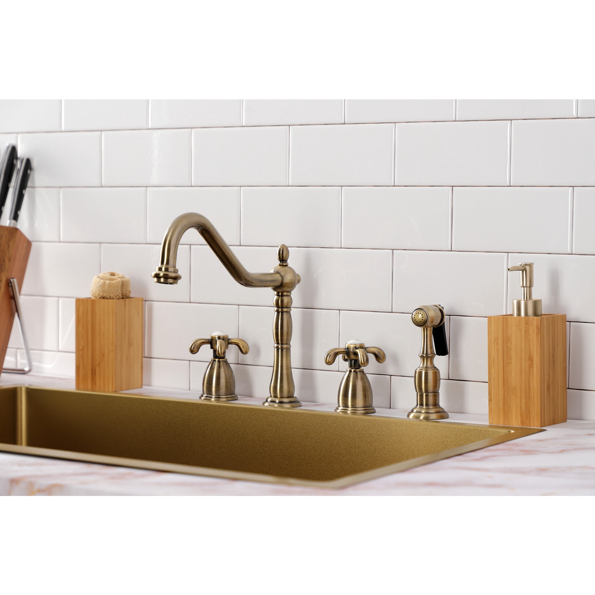 Kingston Brass KB1793TXBS French Country Double-Handle Widespread Kitchen Faucet with Brass Sprayer, Antique Brass