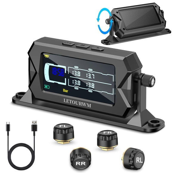 Sistema de Monitoreo de Presión de Neumáticos LETOURWM para Remolques RV con 4 Sensores, Solar, USB-C, IP68