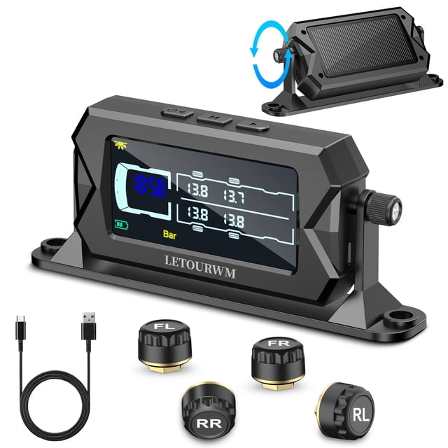 Sistema de Monitoreo de Presión de Neumáticos LETOURWM para Remolques RV con 4 Sensores, Solar, USB-C, IP68