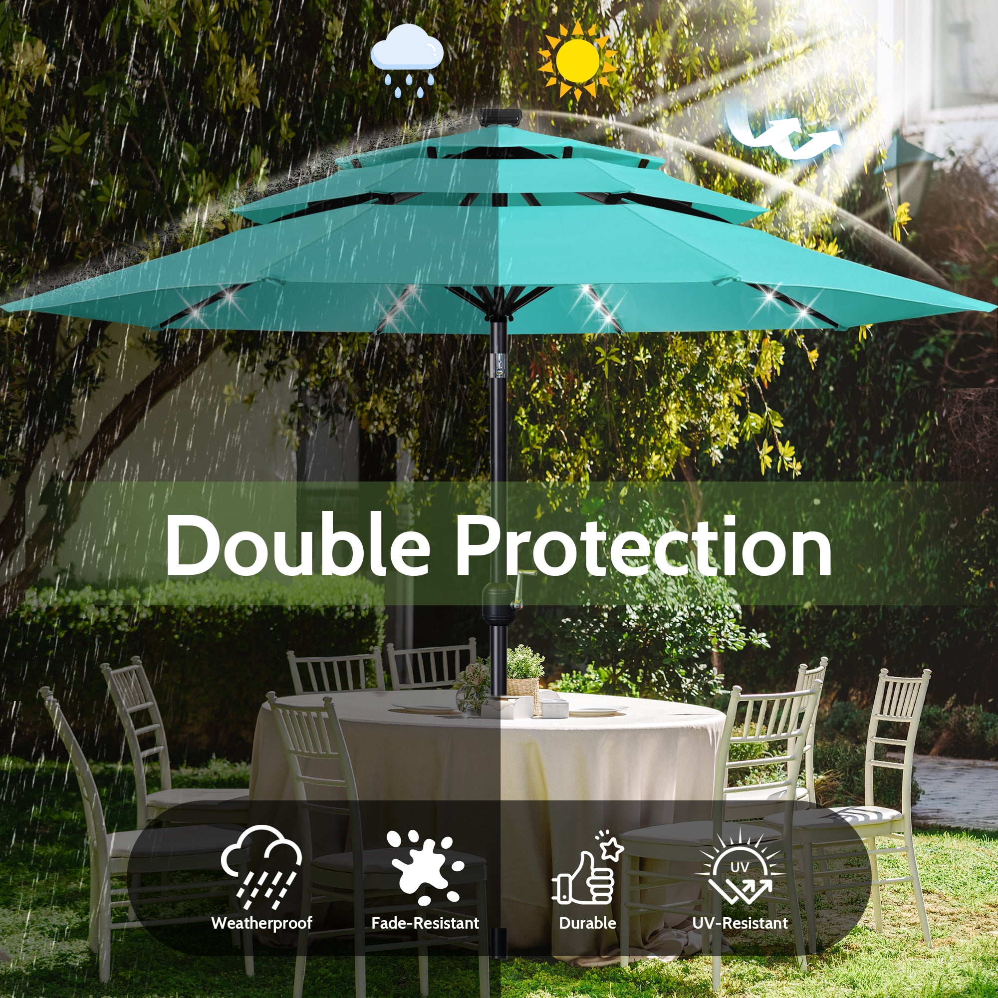 Scafild | 10ft Outdoor Patio Umbrellas with Solar Lights, 3 Tier Vented Large Market Table Umbrella with 8 Sturdy Ribs & 1.5" Pole UV Protection for Garden Deck Backyard Pool - Peacock Blue