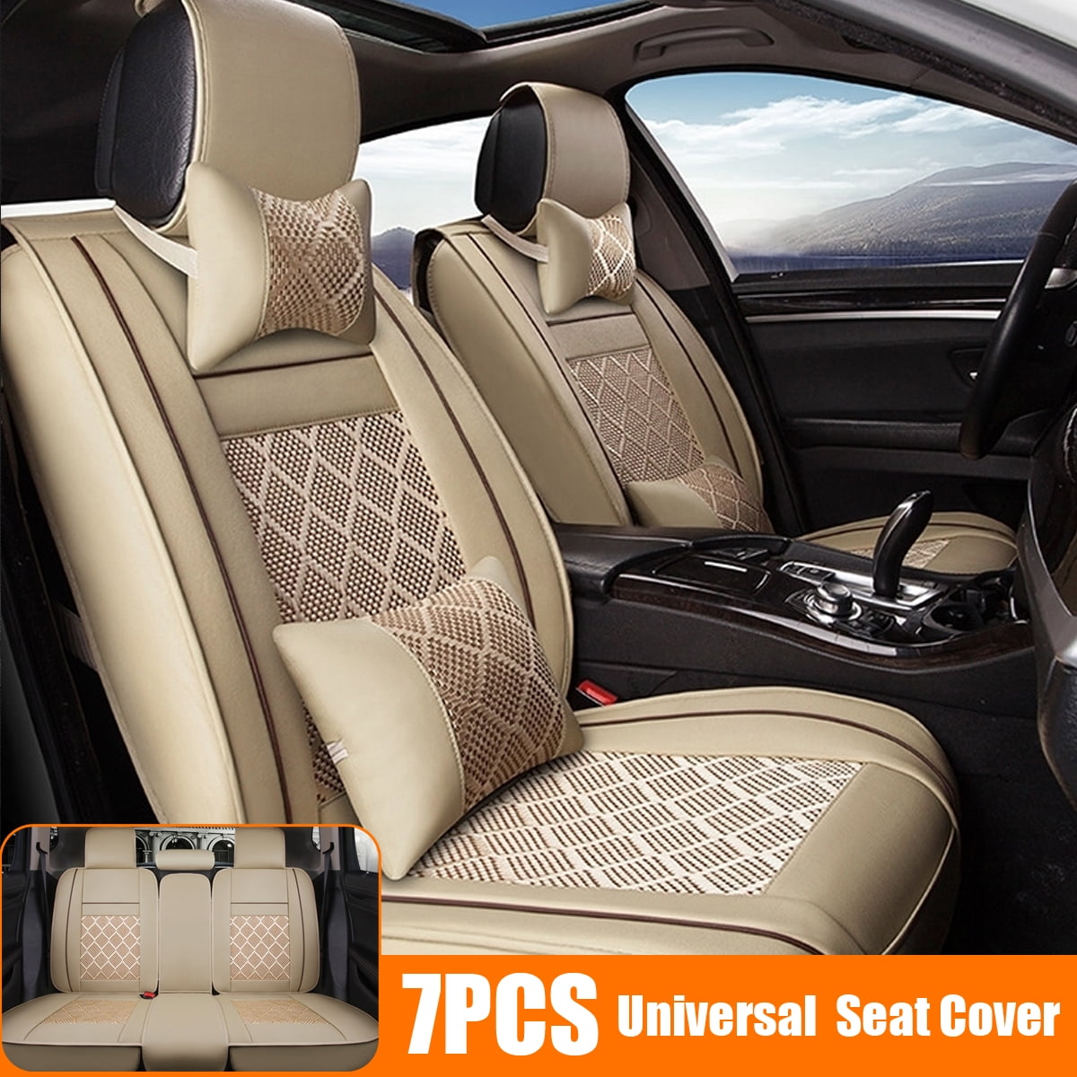 L Full Set 5-Seat PU Leather Car Seat Covers Cushion Front+Rear Breathable Beige