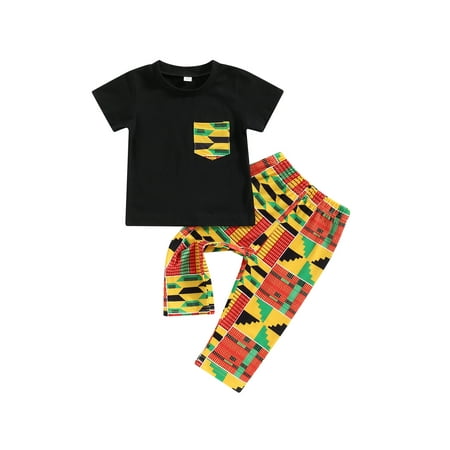 

Genuiskids Newborn Baby Boys Girls Clothes Infant Summer Outfits Crew Neck Short Sleeve Pocket T-Shirts Tops Elastic Waist Print Pants 2Pcs Suit