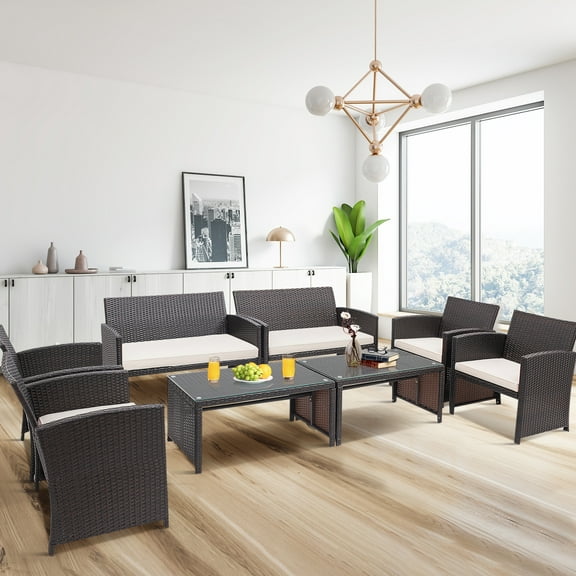 Gymax 8PCS Patio Conversation Set Outdoor Rattan Furniture Set w/ White Cushions