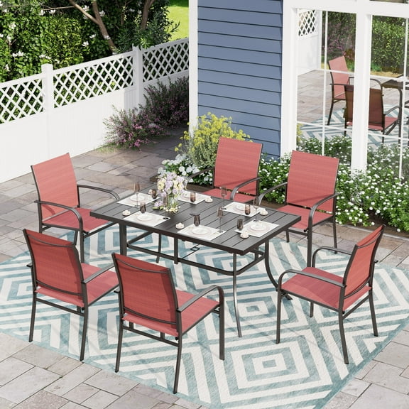Sophia & William 7-Piece Patio Dining Set Outdoor Metal Rectangular Table Set with Textilene Chairs for 6 Person- Red