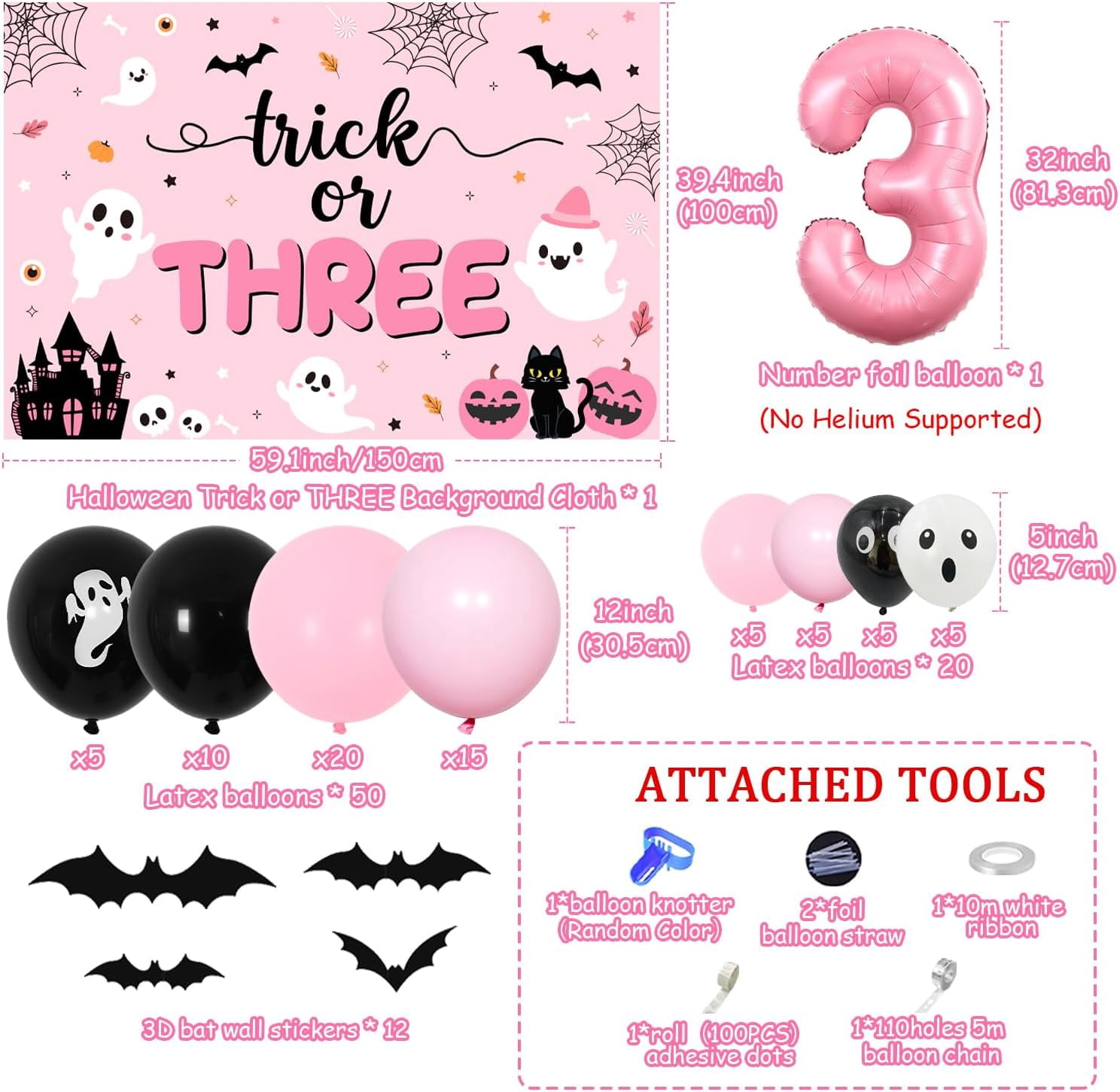 84Pcs Trick or Three Theme Halloween 3rd Birthday Party Decoration Pink Black Balloon Garland Arch Kit Number 3 Foil Balloon 3D Bat Wall Stickers for Girls Halloween Three Birthday Party Decor Favors