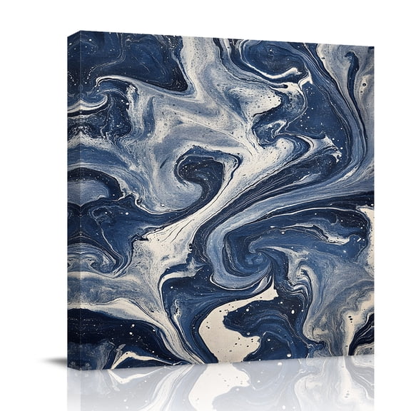 Canvas Wall Art, White Navy Blue Framed Canvas Prints for Bathroom Desk, Marble Texture Abstract Art Small Gallery Wrapped Wall Decor for Home Office, Gifts, 8"x8" Ship Next Day