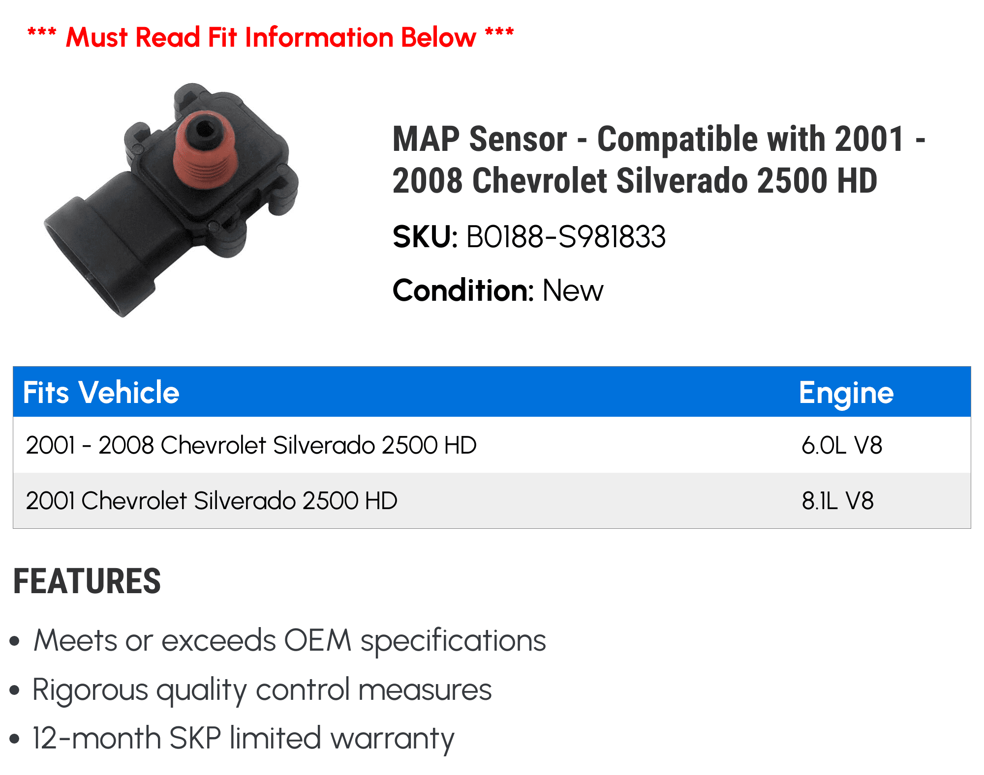 MAP Sensor - Compatible with 2001 - 2008 Chevy Silverado 2500 HD 2002 2003 2004 2005 2006 2007