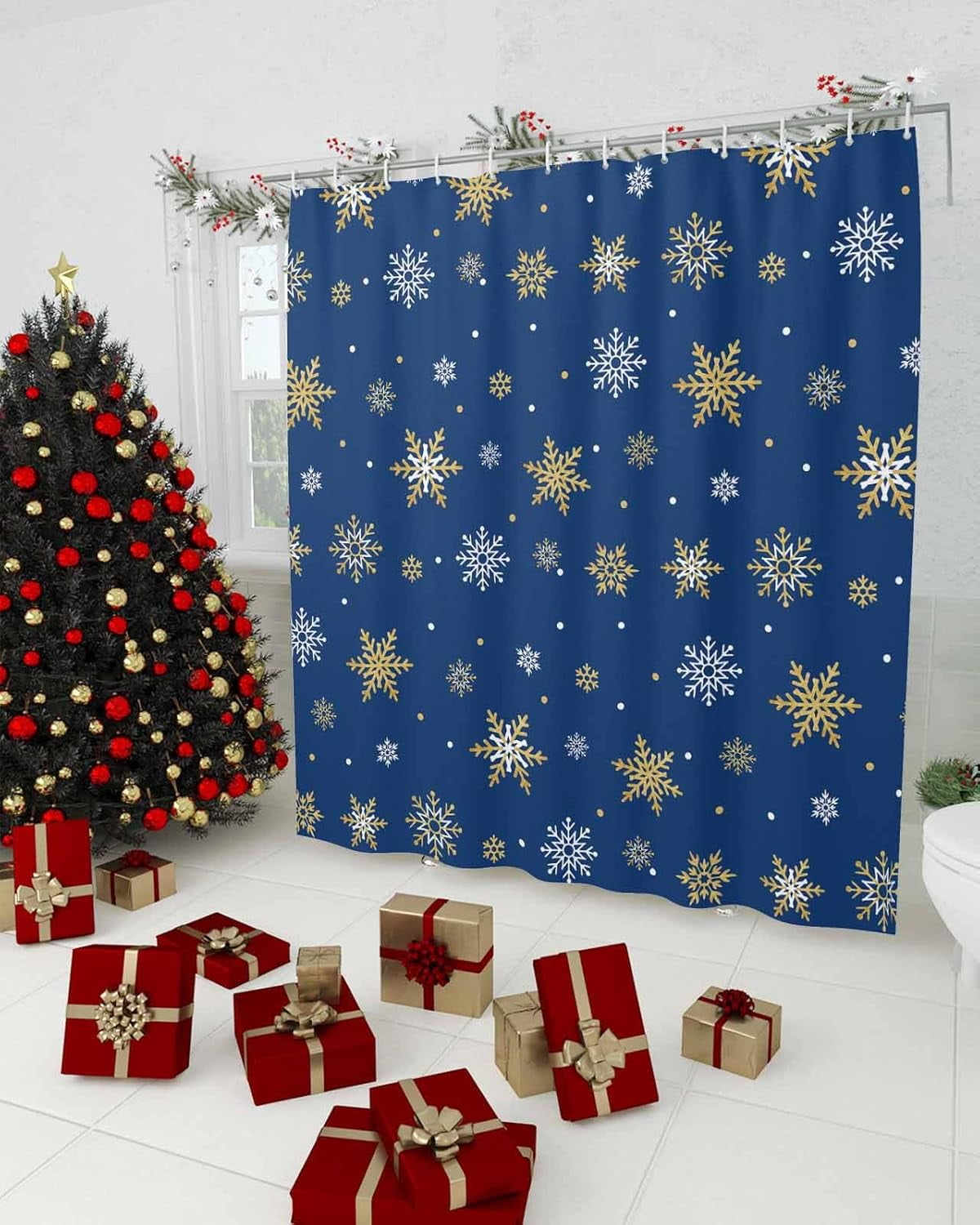 Christmas Shower Curtain Gold White Snowlfake Shower Curtains for Bathroom Decor Blue Background Christmas Decoration Bath Curtains Sets with Hooks Waterproof, 72x84 in