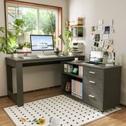 Tolead L-Shaped Lap Desks with Drawers and 2 Shelve, 55 Inch Reversible Corner Computer Desks, Black