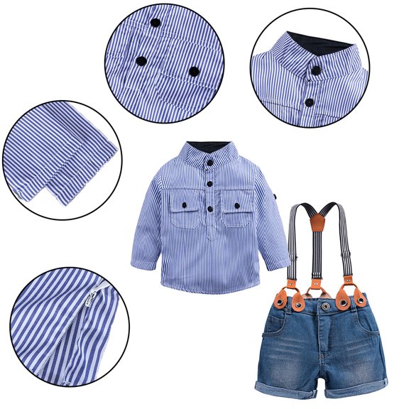 Esaierr Newborn Baby Boys Gentleman 2PCS Outfit Toddler Summer Long Sleeve Striped Dress Shirt Suspender Shorts Pants for Boys 9 Months - 5 Years