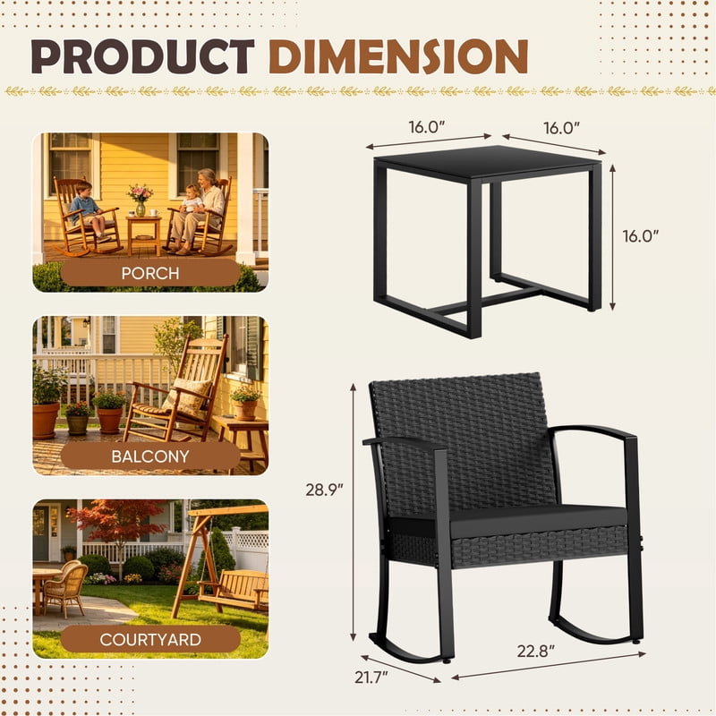 Homall Patio Furniture Set Outdoor Rocker All Weather PP Rocking Chair with Cushion Set of 3, Gray