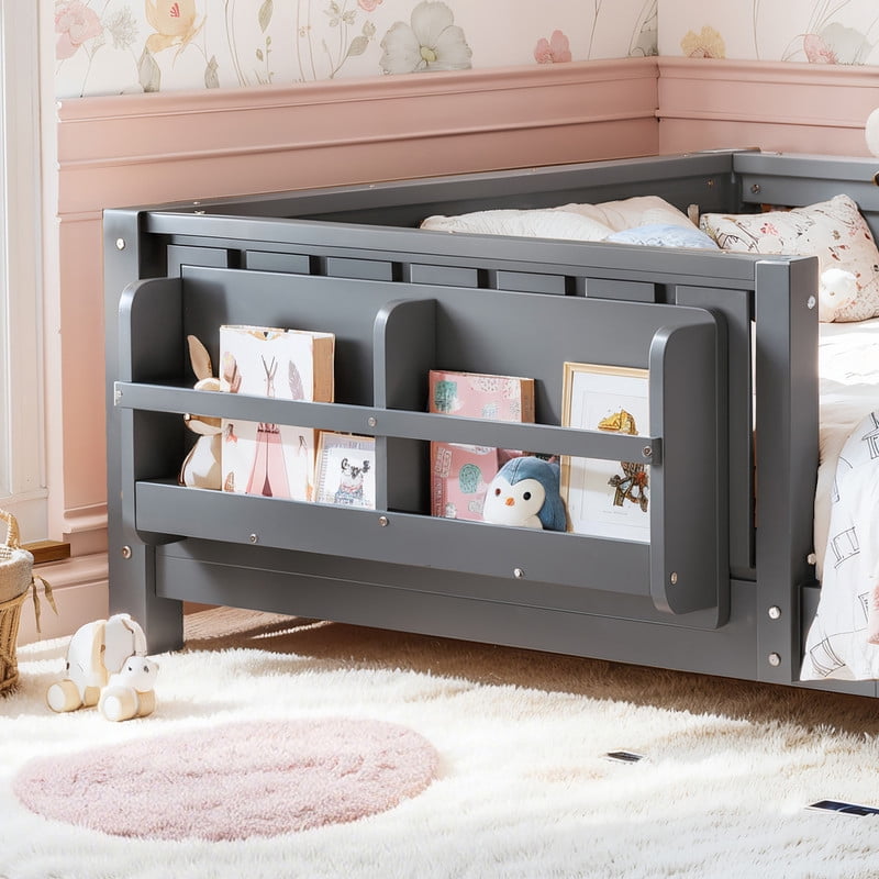URTR Twin Size Montessori Floor Bed with Storage Bookshelf and High-Quality Safety Guardrail, Wooden Twin Floor Bed Frame, Wooden Platform Bed, Low Profile Twin Bed with Fence and Headboard, Gray