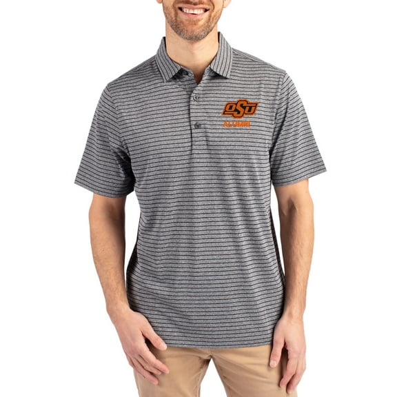 Men's Cutter & Buck Heather Black Oklahoma State Cowboys Alumni Forge Eco Double Stripe Stretch Recycled Polo