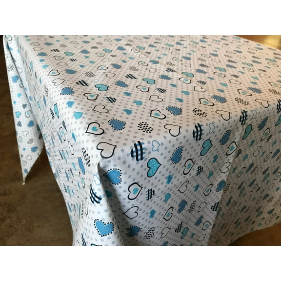Cotton Tablecloth Floral Hearts Print Hearts and Dots Blue