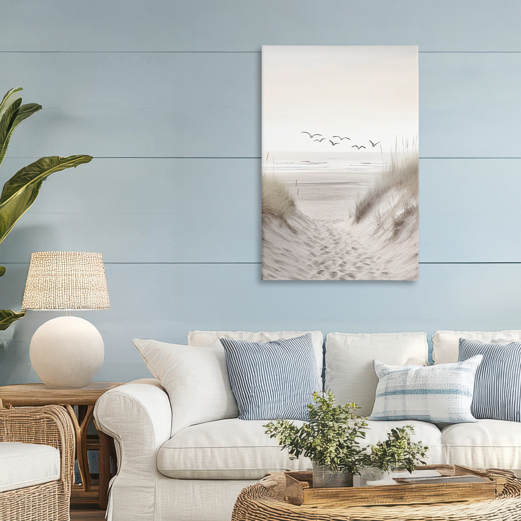 Seagulls over Sandy Footprints Canvas Wall Art, design by Decent Exposures