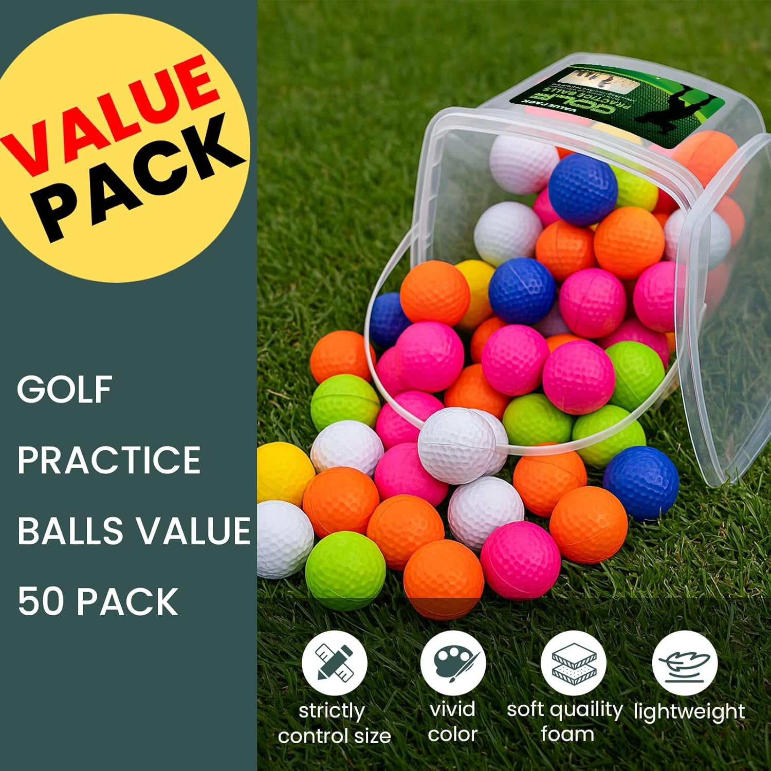 FINGER TEN Golf Practice Balls with Bucket Value 50 Pack, Soft Foam with Limited Flight for Safe Practice