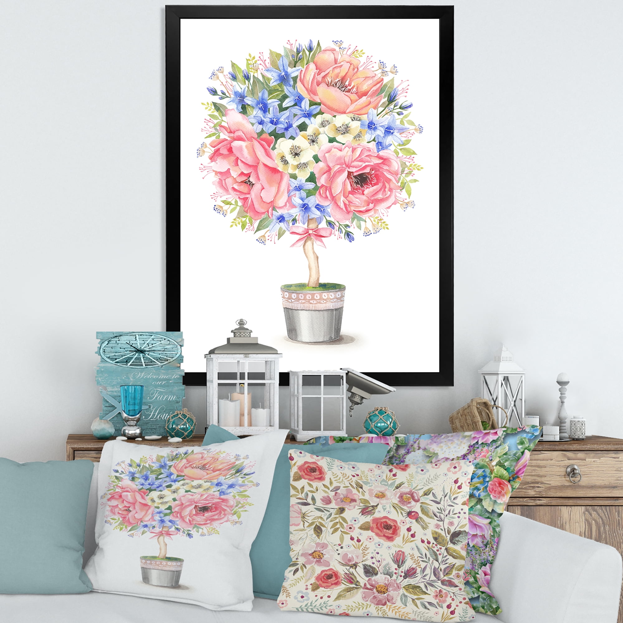 Designart 'A Bow With Flower Tree In A Pot' Farmhouse Framed Art Print