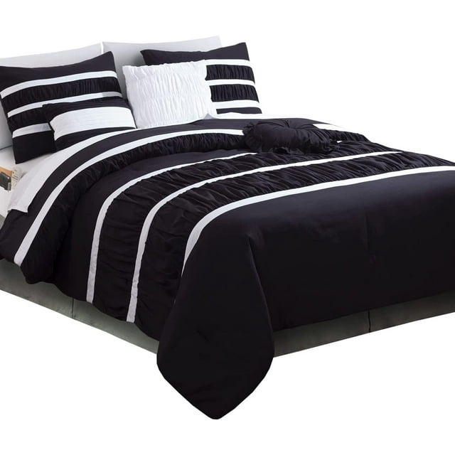 Mocassi Comforter Set - Isabella Pleated Ruched Bed-in-a-Bag with Smart Sheet Set and Matching Decorative Pillows - 12-Piece Set, King/California King, Black