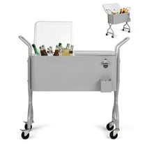 80QT Rolling Cooler Cart - Insulated Outdoor Beverage Center w/ Wheels, Bottle Opener & Cap Catcher, Wood Grain Grey for Patio/Deck