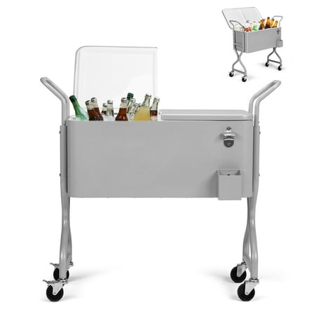 80QT Rolling Cooler Cart - Insulated Outdoor Beverage Center w/ Wheels, Bottle Opener & Cap Catcher, Wood Grain Grey for Patio/Deck