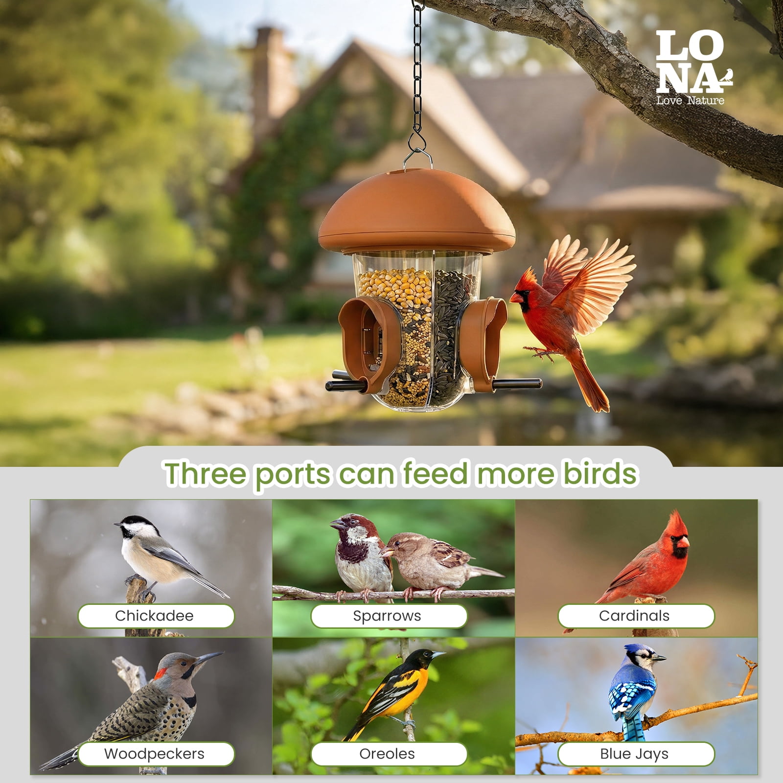 LONA-S610 Outdoor Bird Feeder, 3-Compartment Hanging Feeder with Weatherproof Dome & 3 Ports (Brown)