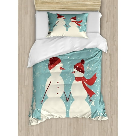 Christmas Duvet Cover Set Snowman And Woman Romantic Couple In