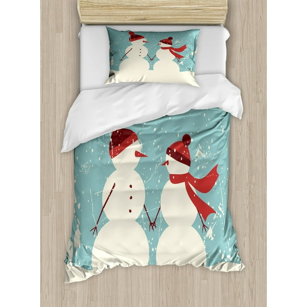 Christmas Duvet Cover Set Snowman And Woman Romantic Couple In