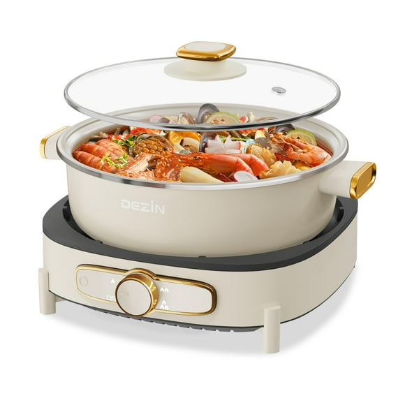 Dezin Electric Shabu Shabu Pot with Removable Pot, 4L Electric Non-Stick Pot with Multi-Power Control, 3.7" Depth Electric Cooker with Tempered Glass