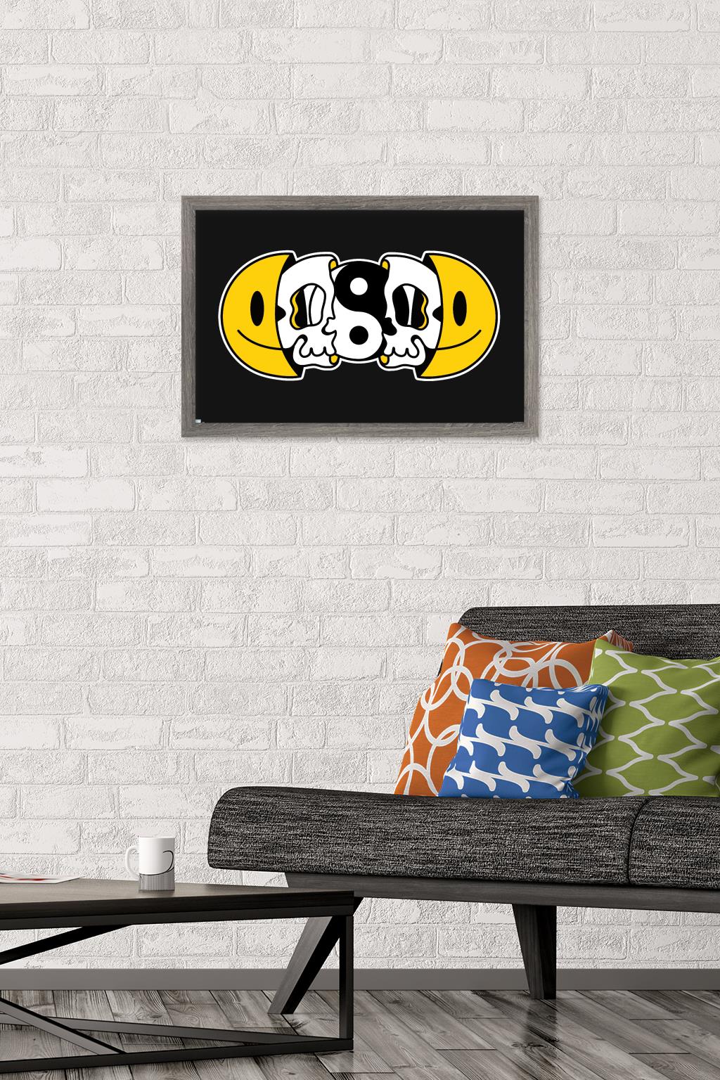 Yin Yang Smile Face Skull Wall Poster, 14.725" x 22.375" Framed