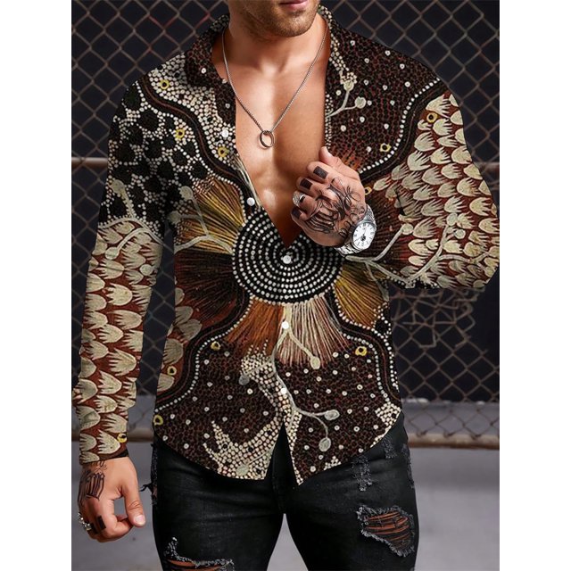 Camisa de manga larga de otoño para hombre, camisa casual retro con estampado 3D, ropa de hombre personalizada de manga larga estilo callejero étnico para hombre
