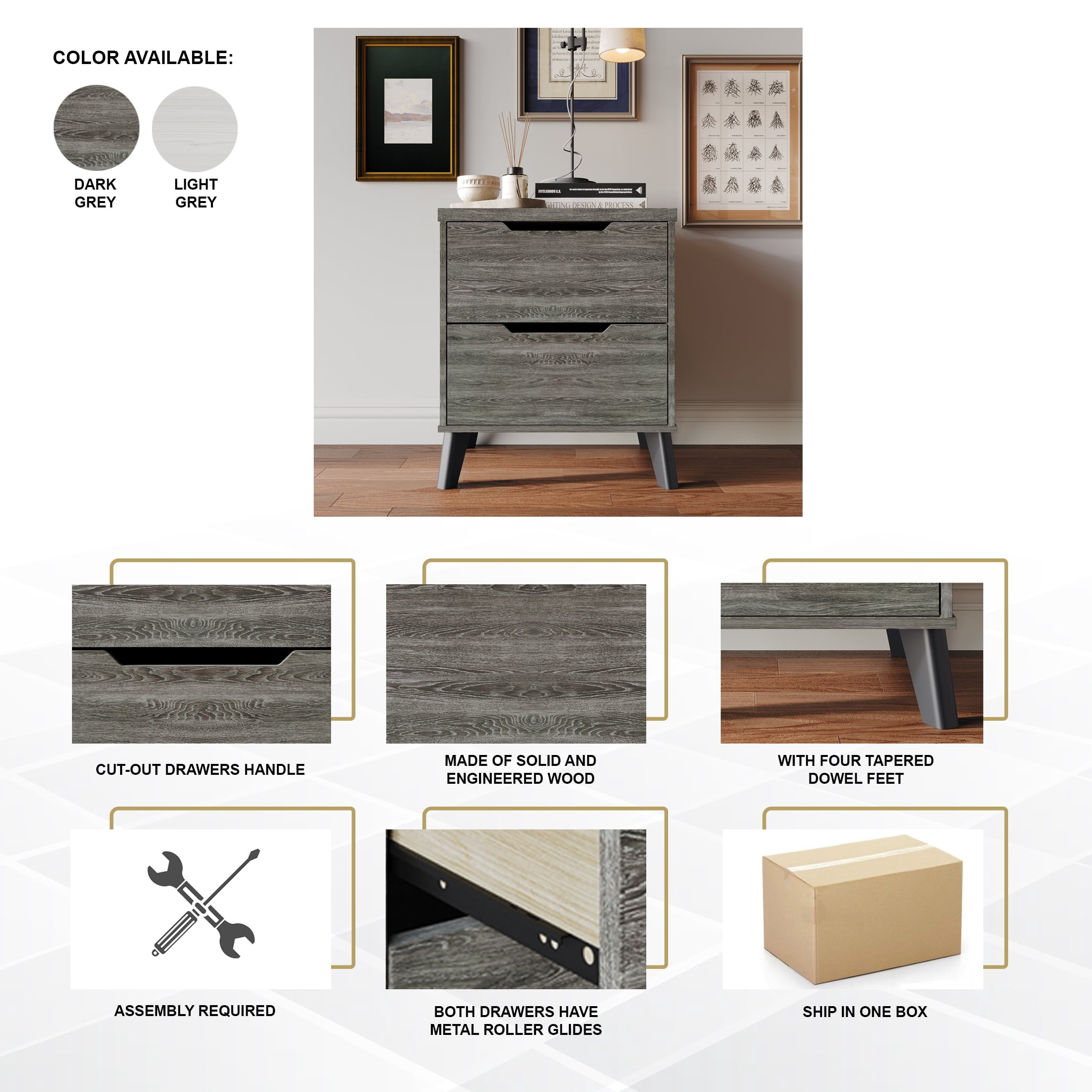 Castle Place Modern 2-Drawers Wooden Nightstand, Light Grey