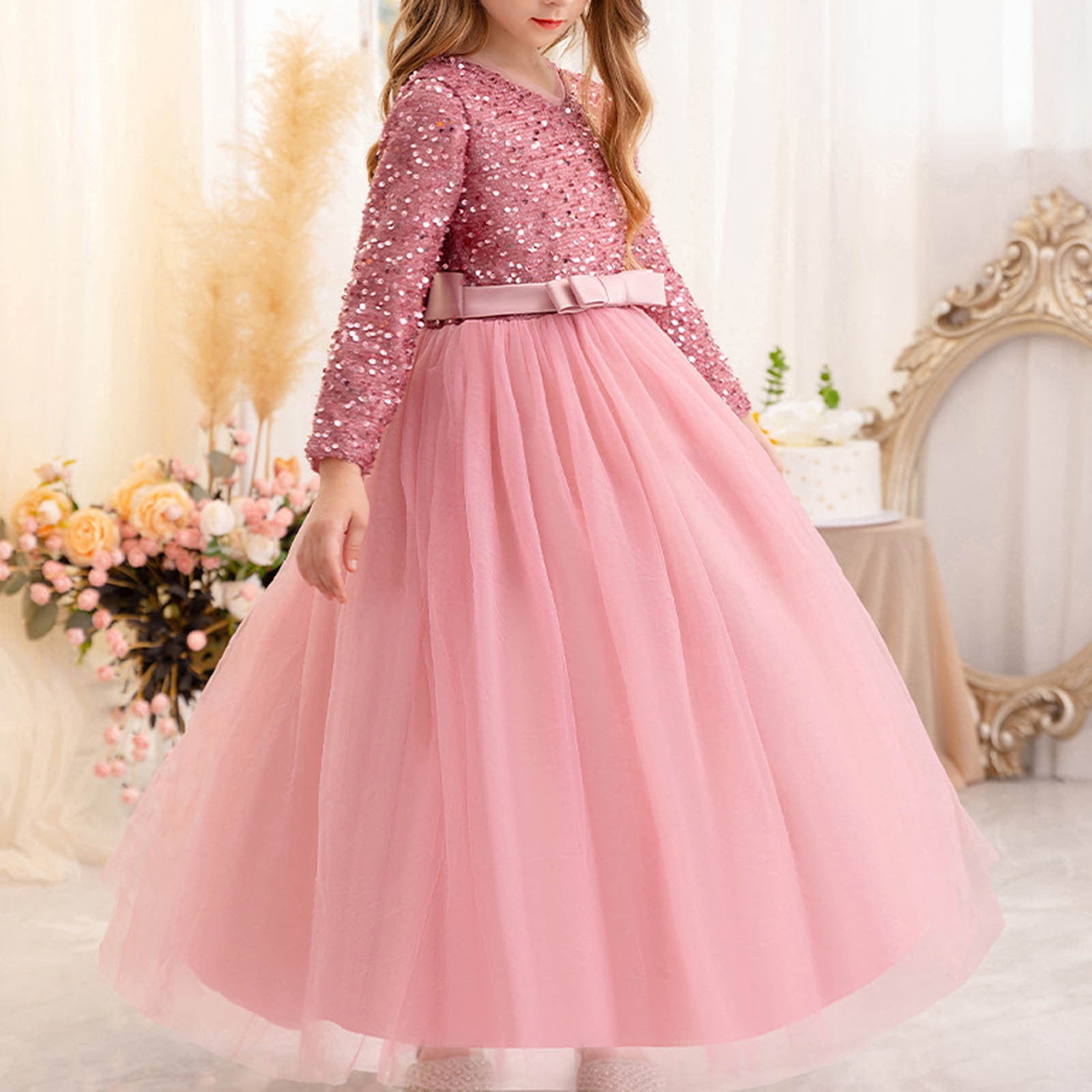 JSGEK Floral Girls Vintage Lace Long Sleeve Bridesmaid Dress Princess Wedding Party Pageant Evening Formal Prom Ball Gown Pink 8-9Years