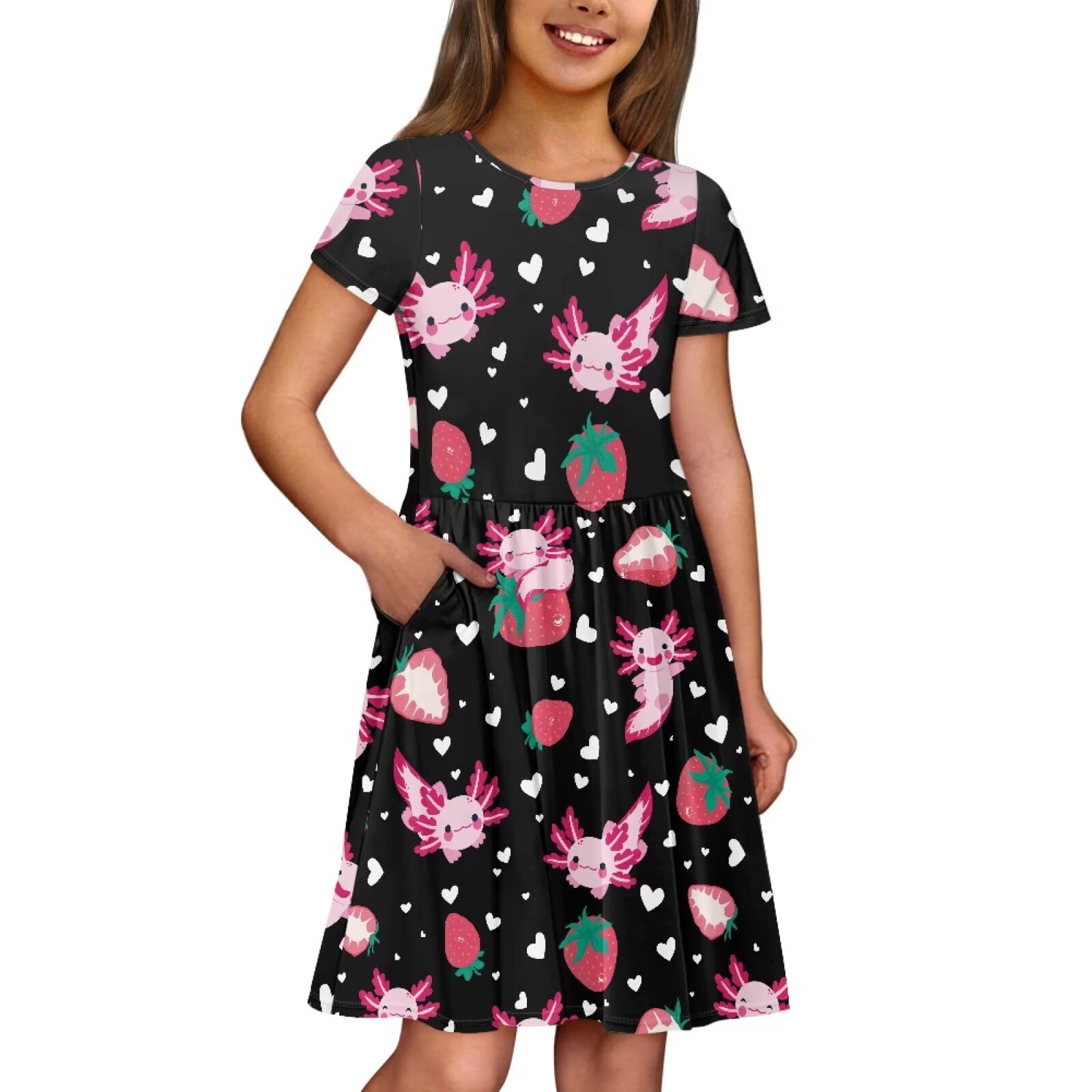 Uourmeti Axolotl Swing Dress Girls Summer Cute Short Sleeve Knee A-line Dresses Strawberries Trendy Soft Crew Neck Party Dress Casual Beach Dresses with Pockets