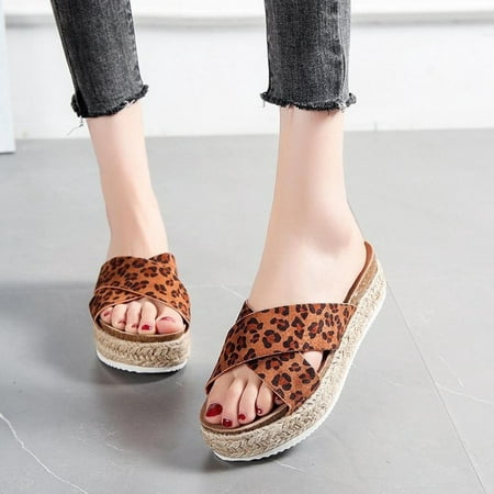 

sckarle Women s espadrille Wedge Sandal Leopard Print Sandals Espadrilles Hemp Rope Woven Thick-soled Casual Slippers Criss Cross Band Footbed Slippers for Festivals Everyday Leisure