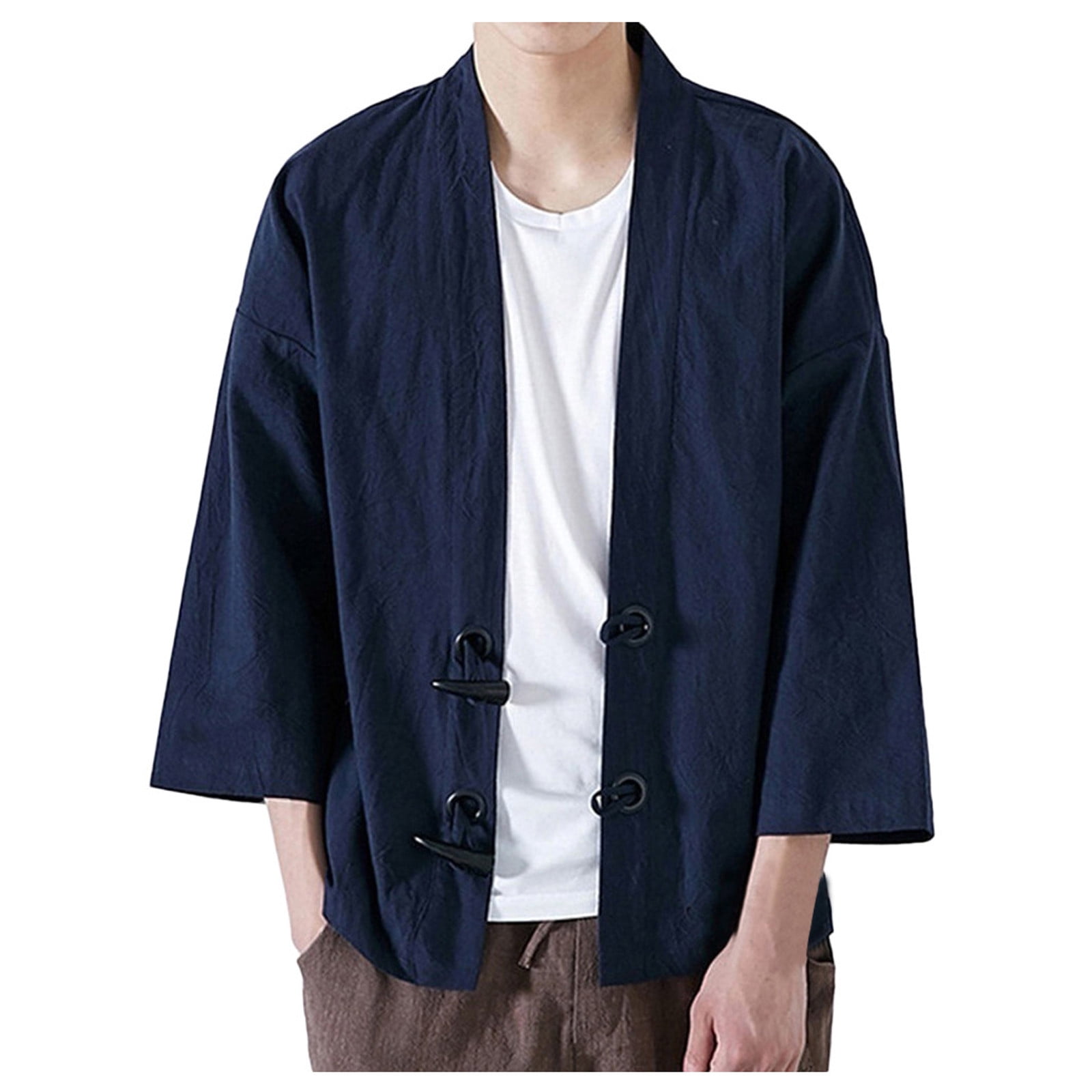 WGOUP Fashion Men Japanese Yukata Casual Coat Kimono Outwear Cotton Vintage  Loose Top,Navy