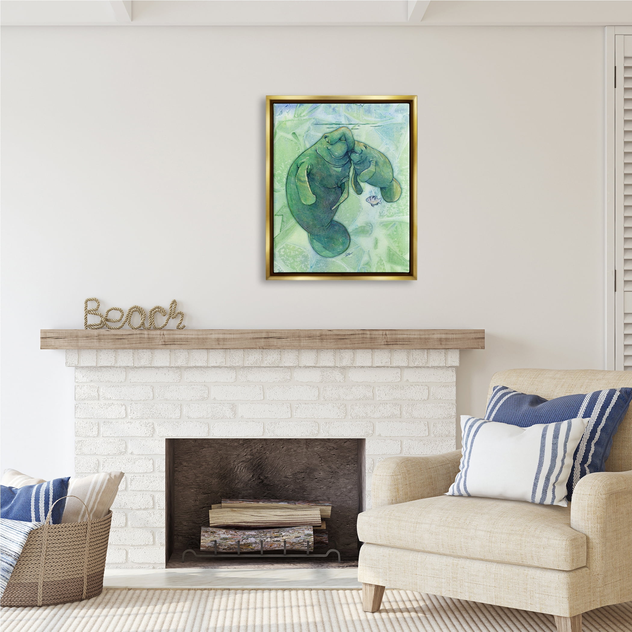 Stupell Industries Green Manatees & Fish Animals & Insects Painting Gold Floater Framed Art Print Wall Art, 25 x 31