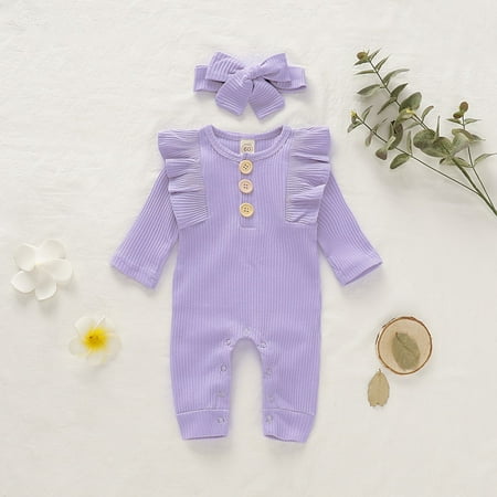 

Infant Round Collar Long Sleeve Solid Color Girls Jumpsuit Climb Soft Romper+Hairband Two-piece Set