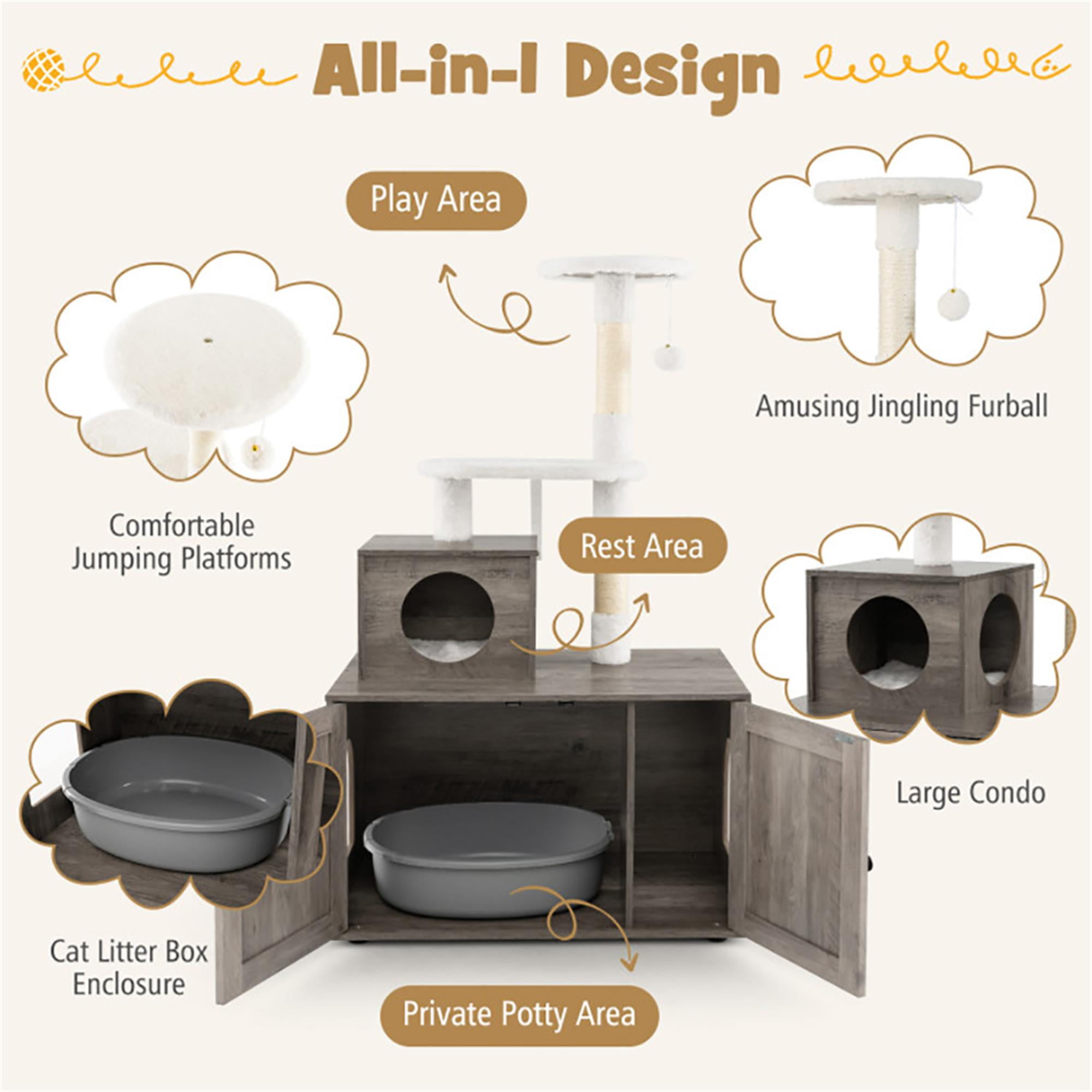 Pefilos 52" Cat Tree with Wood Litter Box Enclosure, All-in-one Indoor Cat Furniture with Large Platform and Condo, Modern Style Cat Tower, Gray Pefilos 52" Cat Tree with Wood Litter Box Enclosure, All-in-one Indoor Cat Furniture with Large Platform and Condo, Modern Style Cat Tower, Gray