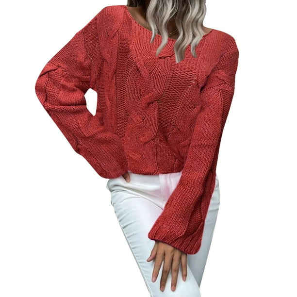 Gibobby Suéter de invierno para mujer, Suéter Ligero de Cuello Redondo Suéter para Mujer, para otoño e invierno(Rojo,M)