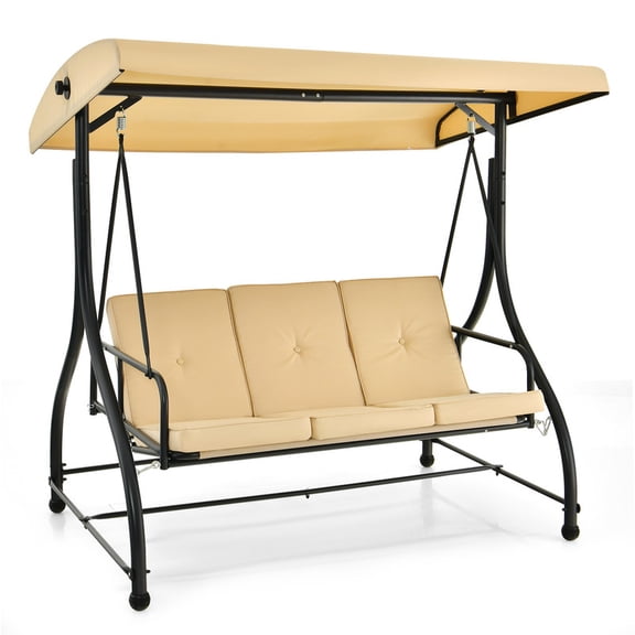 3-Seat Outdoor Porch Swing with Adjustable Canopy & Removable Cushion , Swing Glider Hammock for Patio, Garden,Beige