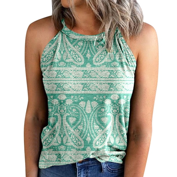 Playeras,Blusas y Tops,Ropa para Mujer Las mujeres camisetas sin mangas Mujer Vintage Estampado Slim Fit O Cuello Camiseta Top Chalecos Blusa sin mangas (Green, L)