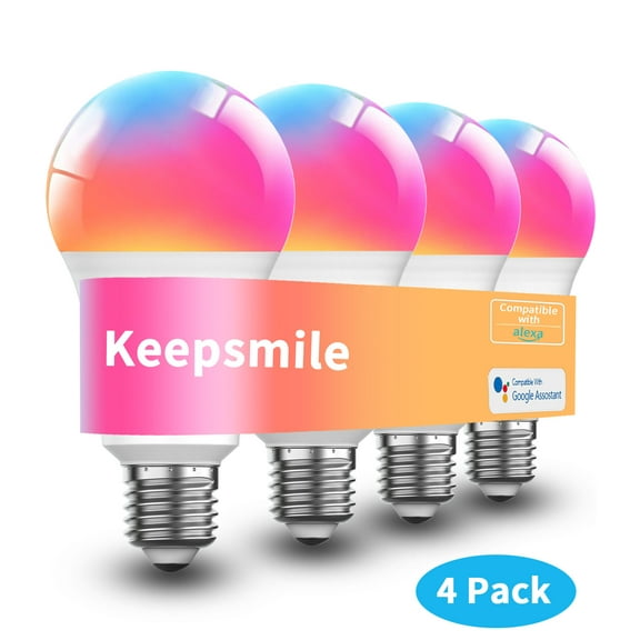 Keepsmile Smart Light Bulbs, Color Changing Light Bulb, Work with Alexa and Google Assistant, 16 Million Colors RGBWW, WiFi & Bluetooth LED Light Bulbs, Music Sync, A19, 800 Lumens, 4 Pack