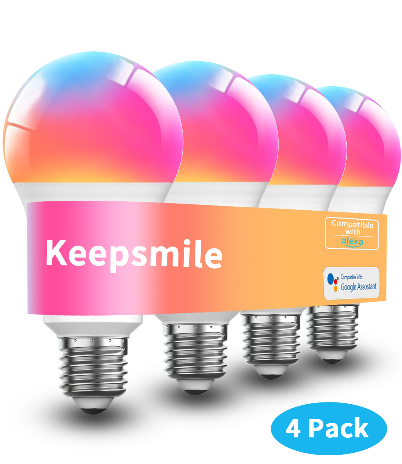Keepsmile Smart Light Bulbs, Color Changing Light Bulb, Work with Alexa and Google Assistant, 16 Million Colors RGBWW, WiFi & Bluetooth LED Light Bulbs, Music Sync, A19, 800 Lumens, 4 Pack