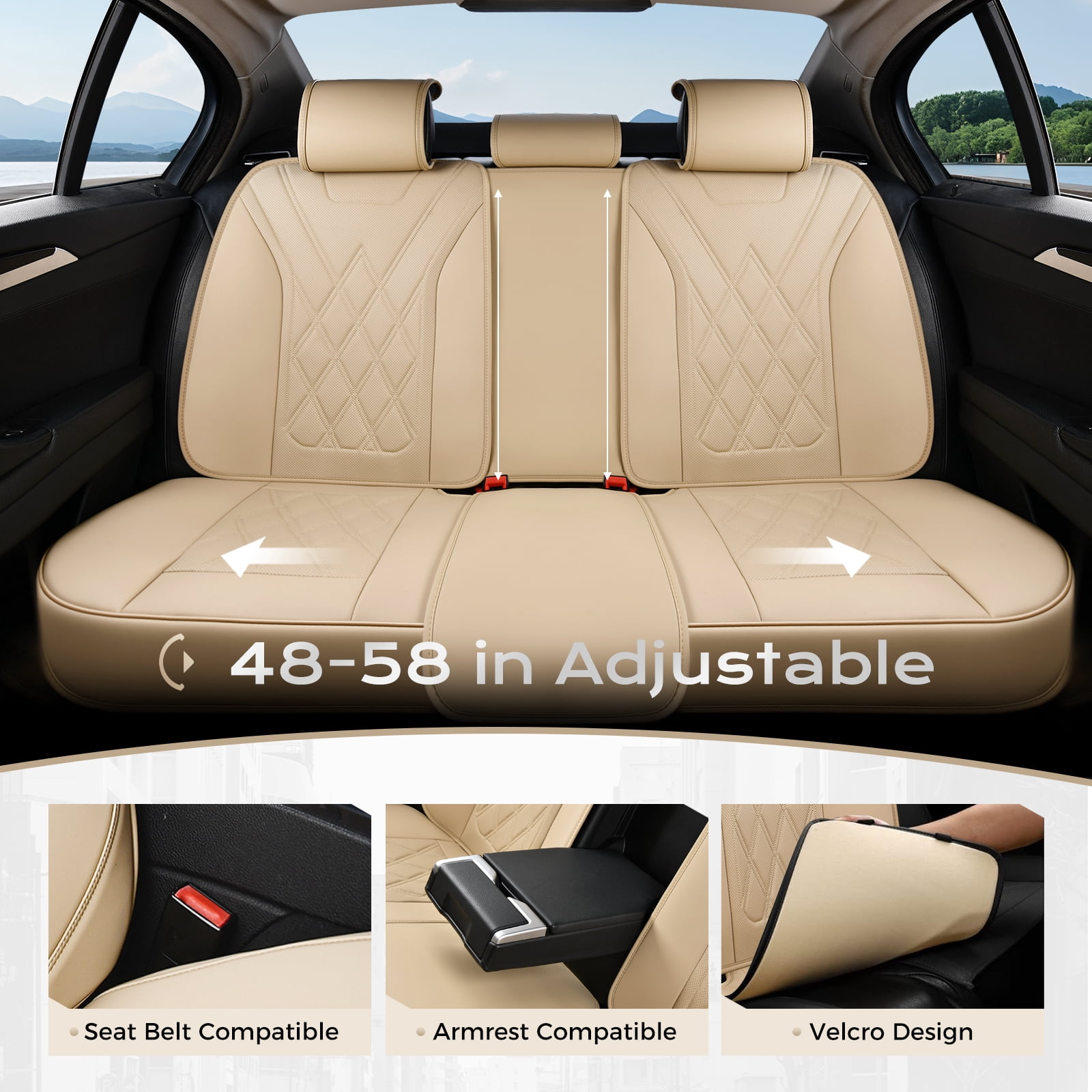 Coverado Full Set Covers For Cars, Waterproof Faux Leather Front and Rear Seat Protectors, Auto Cushions Universal Fit for Most Cars, Beige