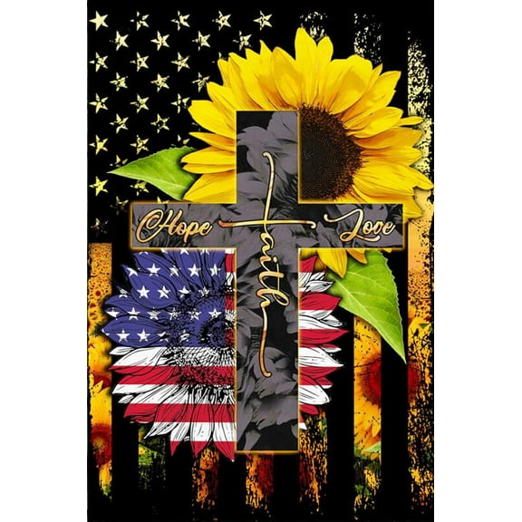 Hope Faith Love Cross American Flag Sunflower Sublimated Double Sided Deluxe Garden Flag 12" x 18" 3ply 600 Denier 110 Knitted Polyester SGF016