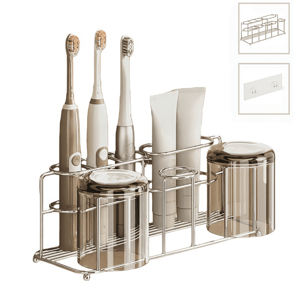 Wall-Mounted Toothbrush Holder with Cup and Toothpaste Organizer in Stainless Steel