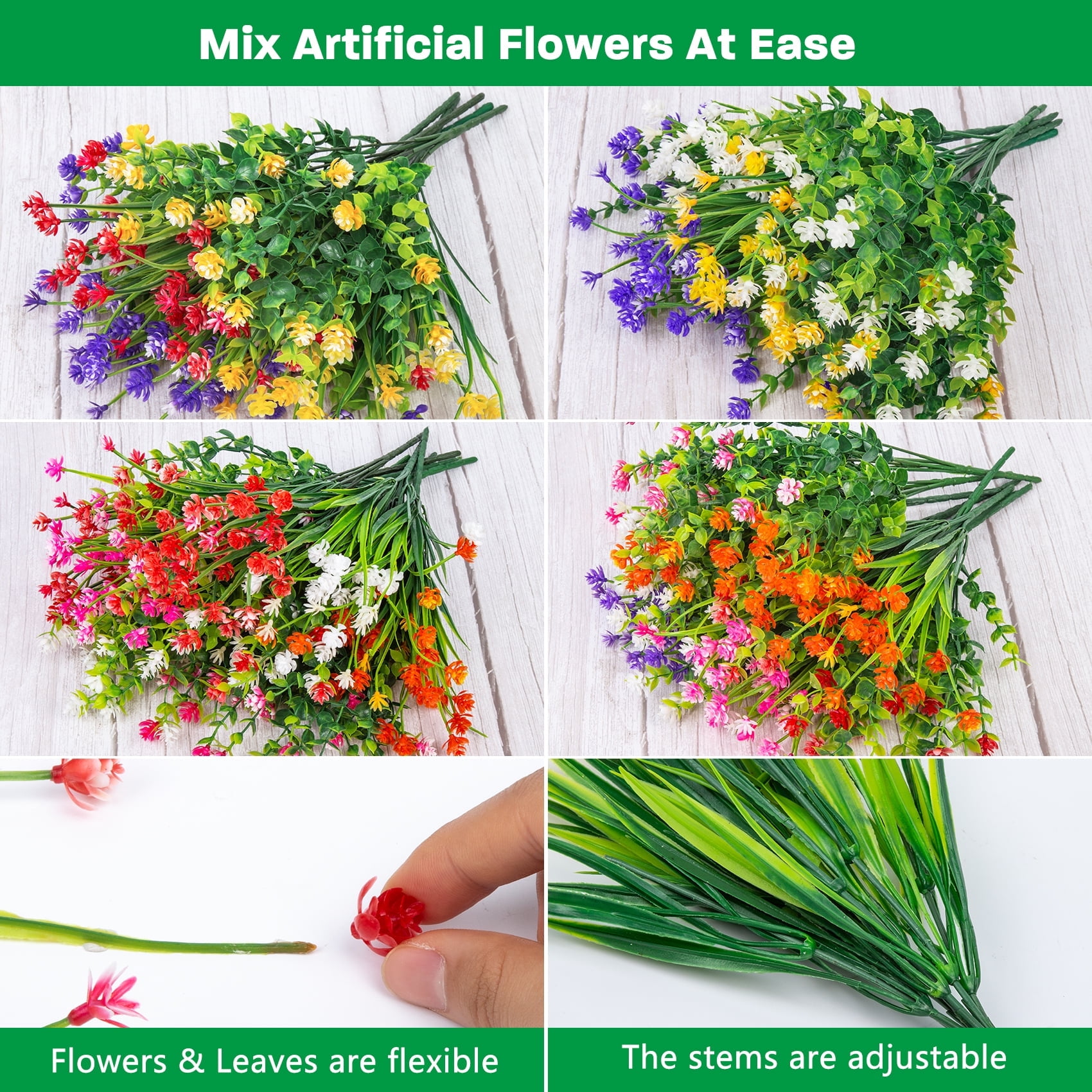 Scidweet 24 Bundles Artificial Flowers Outdoor, Faux Fake Plastic Floral Plants Spring Summer Decoration for Outside Home Patio Garden Decor, Multicolor