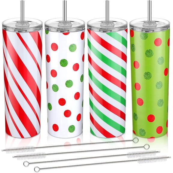 4 Pcs Christmas Tumbler Stainless Steel 20 oz Christmas Mug Double Insulated Travel Mug Cup with Lid Straw and Brushes for Women Adult Drinking Xmas Party Decorations Holiday Gifts, 4 Styles