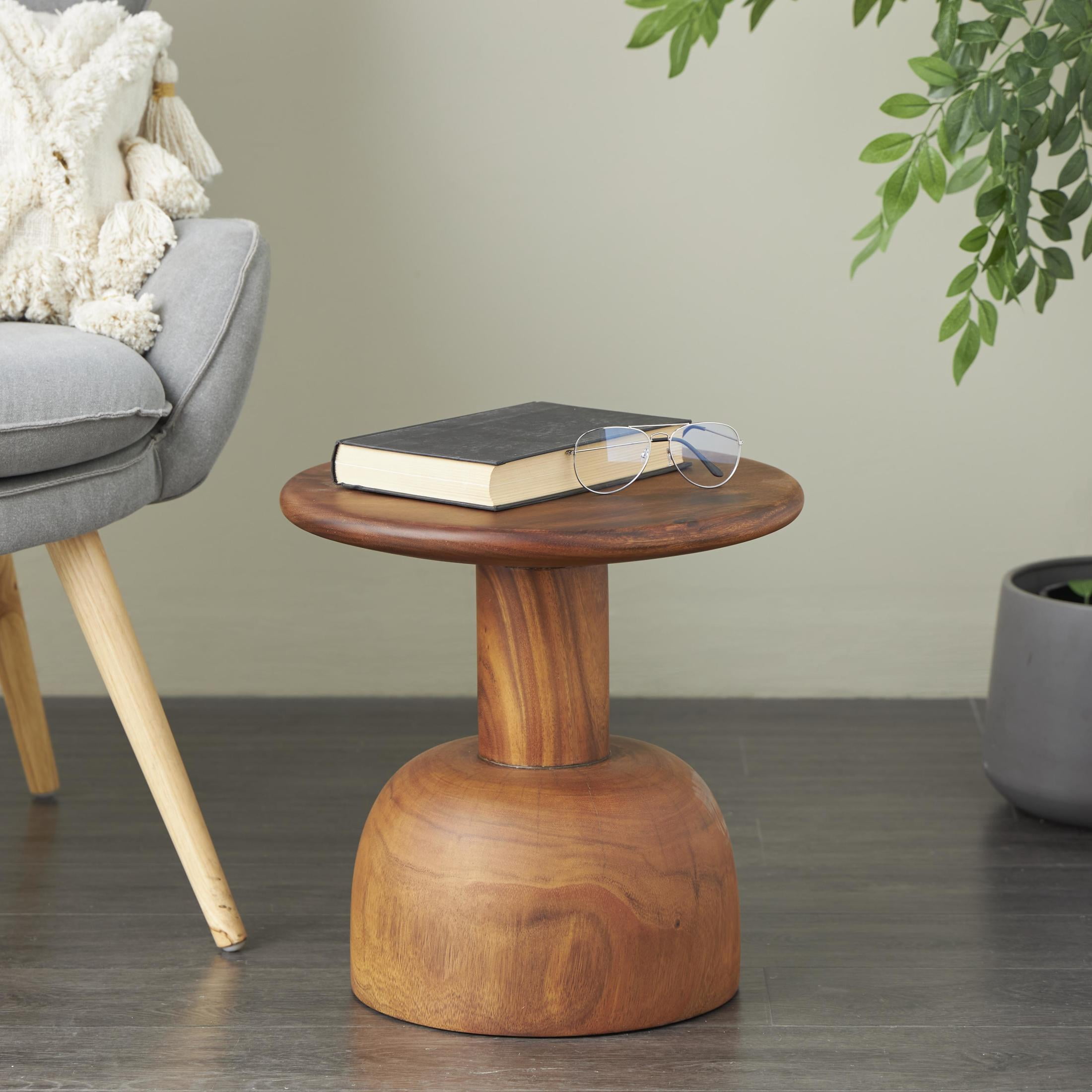 DecMode 16" x 16" Brown Wood Handmade Accent Table with Rounded Block Base, 1-Piece